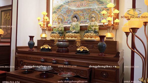 Tượng tây Phương Tam Thánh bằng đồng dát vàng 24k, vẽ gấm cao 48