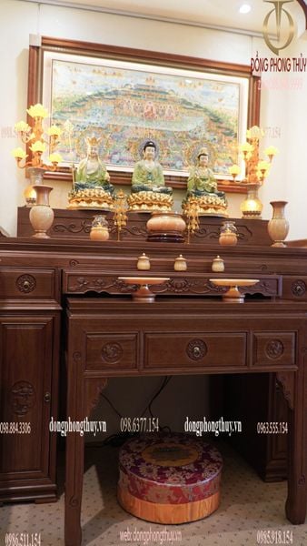 Tượng tây Phương Tam Thánh bằng đồng dát vàng 24k, vẽ gấm cao 48