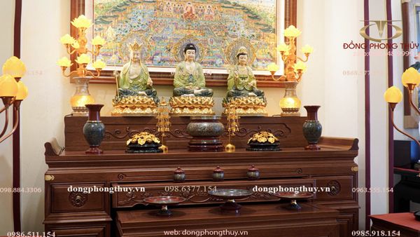Tượng tây Phương Tam Thánh bằng đồng dát vàng 24k, vẽ gấm cao 48
