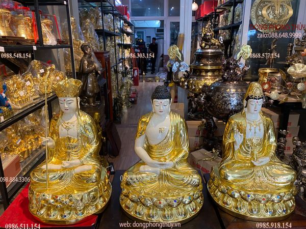 Tượng ta bà tam thánh bằng đồng dát vàng vẽ màu đính đá cao cấp