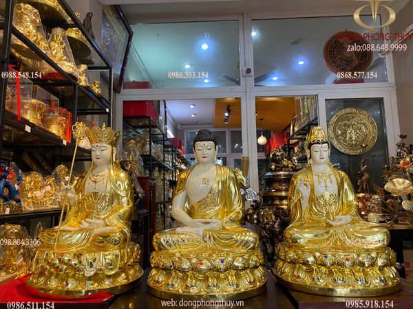 Tượng ta bà tam thánh bằng đồng dát vàng vẽ màu đính đá cao cấp