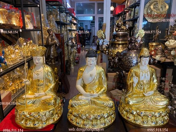 Tượng ta bà tam thánh bằng đồng dát vàng vẽ màu đính đá cao cấp