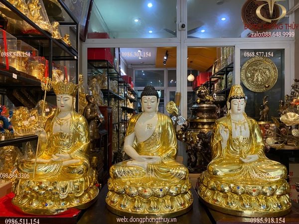 Tượng ta bà tam thánh bằng đồng dát vàng vẽ màu đính đá cao cấp