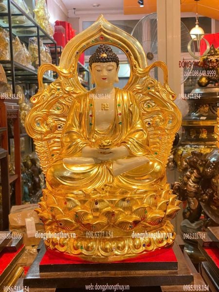 Tây Phương Tam Thánh cao 43cm nặng 38kg dát vàng 24k, vẽ màu, đính đá