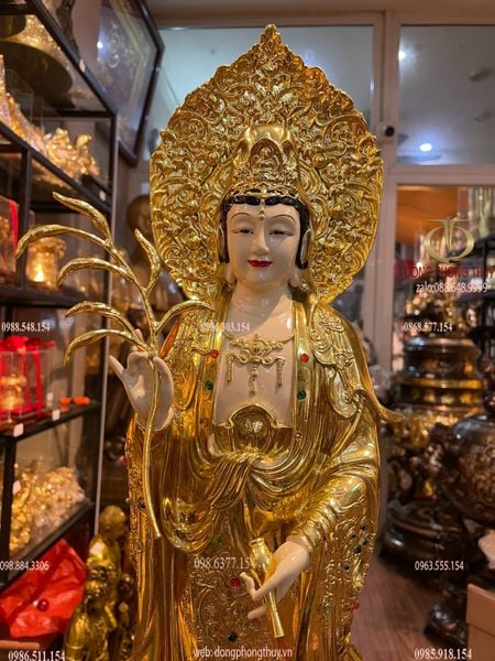 Tượng Quan Âm dát vàng vẽ màu đính đá 58cm
