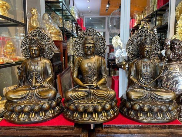 Tượng Tây Phương Tam Thánh lá đề bằng đồng cao 28cm nặng 9.7kg
