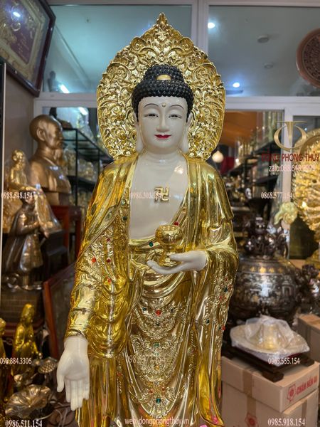 Tượng A Di Đà dát vàng vẽ màu đính đá 58cm