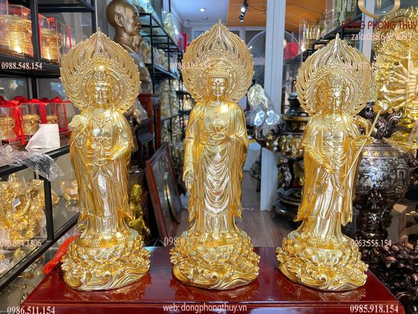 Tượng tây Phương Tam Thánh lá đề cao 40cm bằng đồng dát vàng 24K