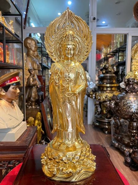 Tượng phật Quan Âm đứng bằng đồng dát vàng 24K Cao 40