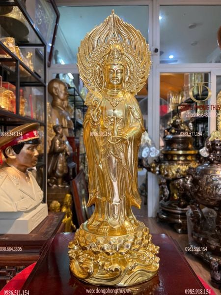 Tượng phật Quan Âm đứng bằng đồng dát vàng 24K Cao 40