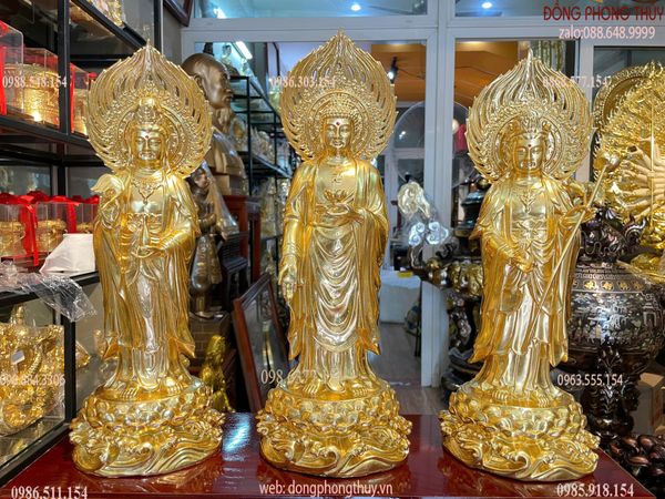 Tượng tây Phương Tam Thánh lá đề cao 40cm bằng đồng dát vàng 24K