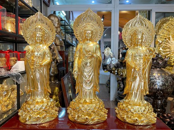 Tượng tây Phương Tam Thánh lá đề cao 40cm bằng đồng dát vàng 24K