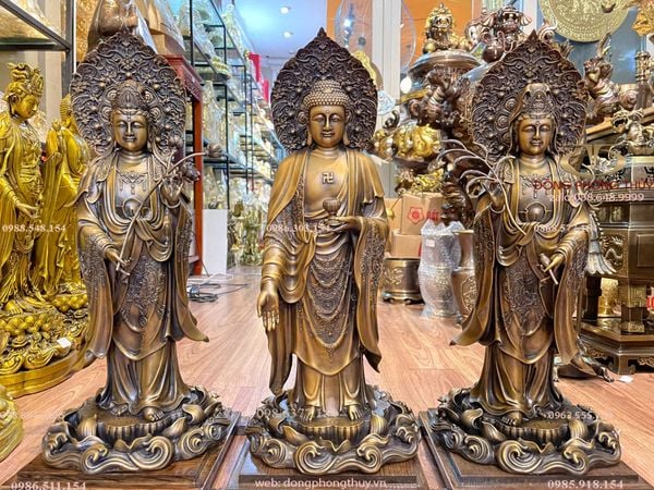 Tây phương tam thánh lá đề màu hun cao 57cm