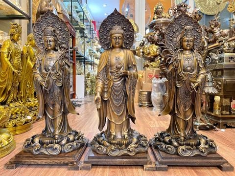 Tây phương tam thánh lá đề màu hun cao 57cm