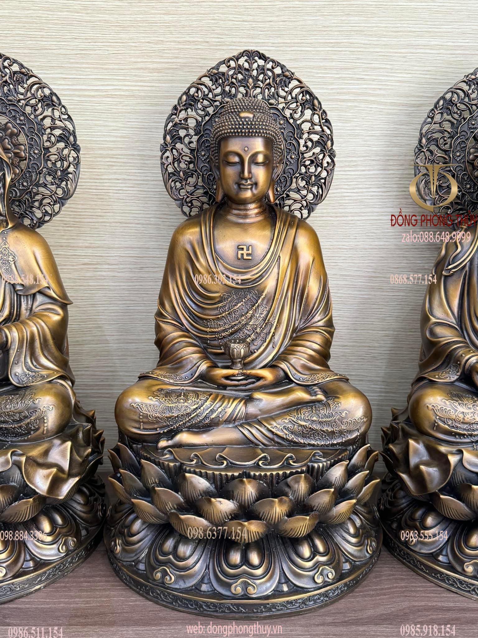 Tây phương tam thánh bằng đồng cao 45cm màu hun nâu