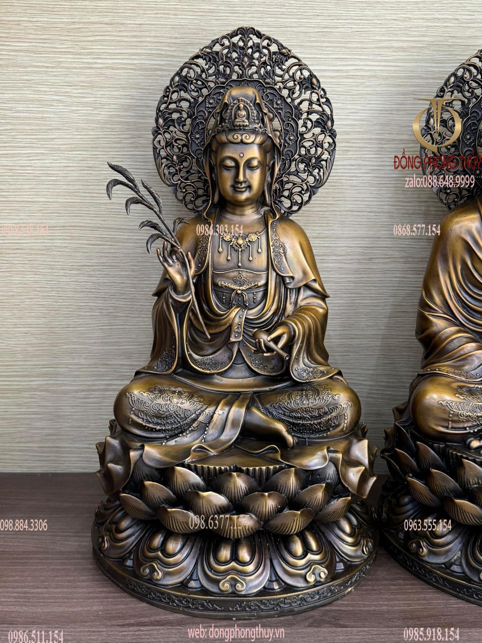 Tây phương tam thánh bằng đồng cao 45cm màu hun nâu