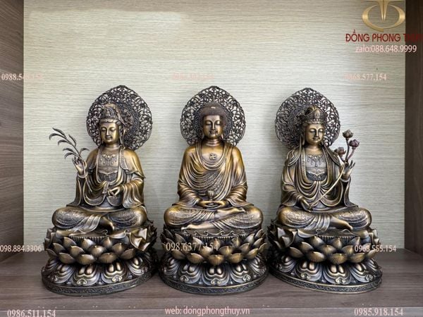 Tây phương tam thánh bằng đồng cao 45cm màu hun nâu