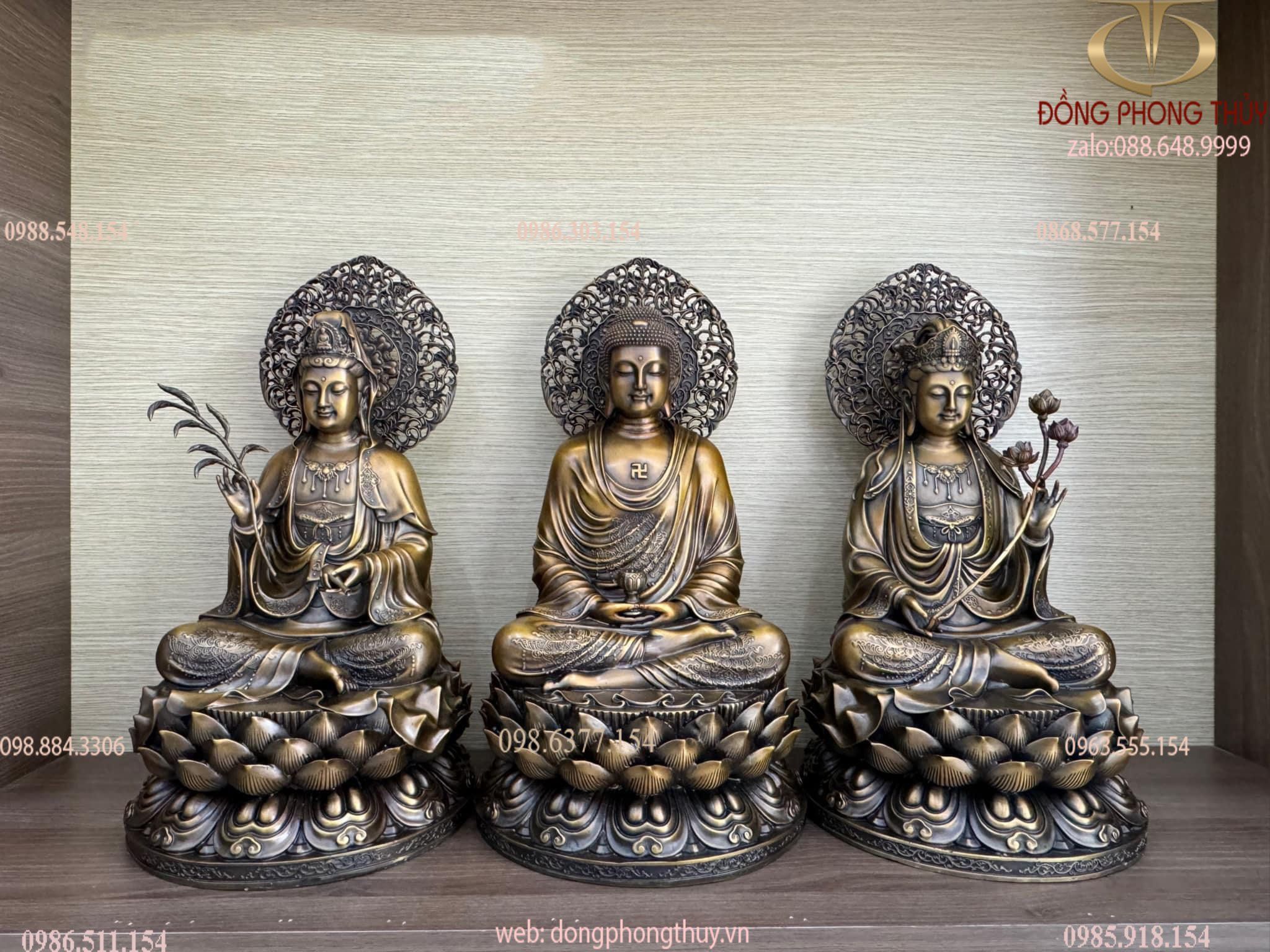 Tây phương tam thánh bằng đồng cao 45cm màu hun nâu