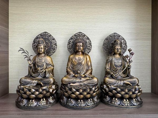 Tây phương tam thánh bằng đồng cao 45cm màu hun nâu