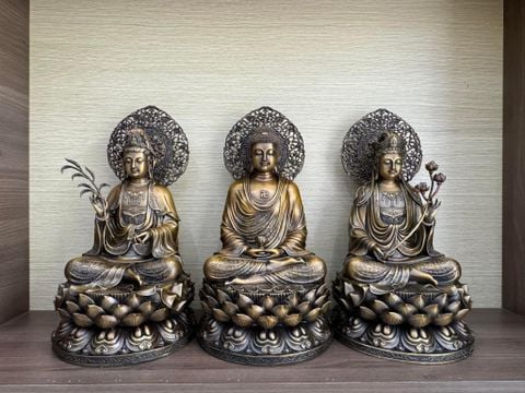 Tây phương tam thánh bằng đồng cao 45cm màu hun nâu