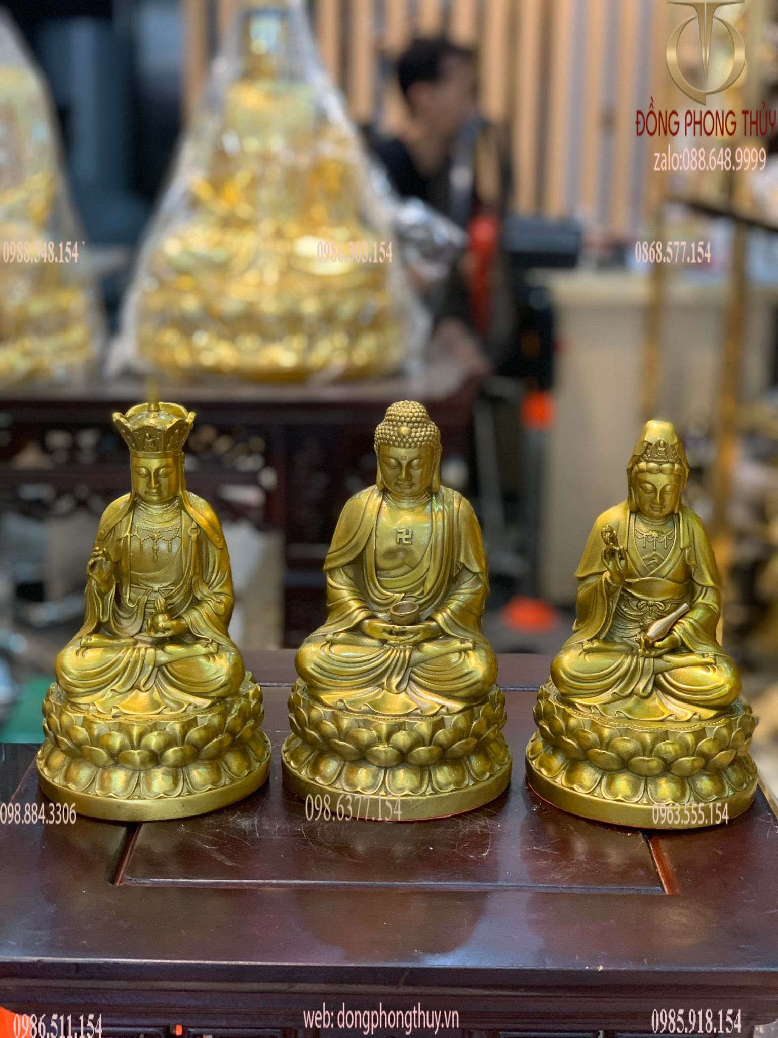 Tượng tam thánh phật bằng đồng 17cm