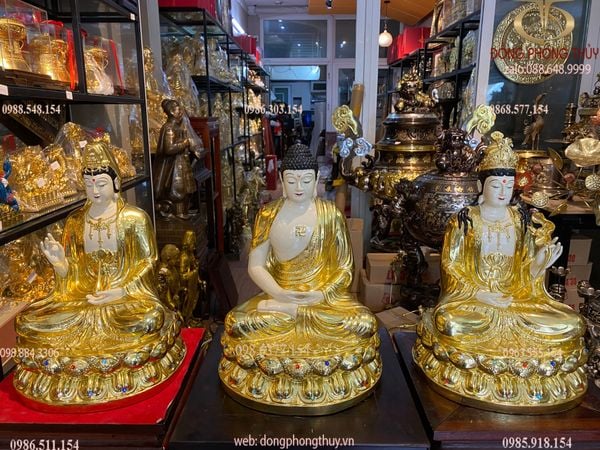 Tượng tây phương tam thánh dát vàng vẽ màu đính đá cao cấp