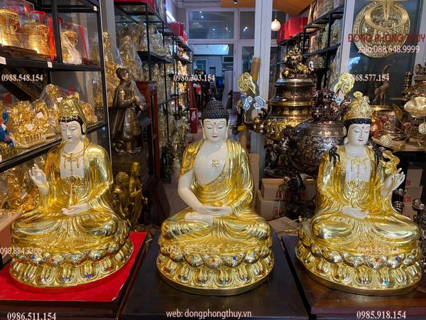 Tượng tây phương tam thánh dát vàng vẽ màu đính đá cao cấp