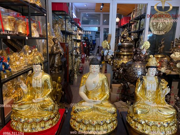 Tượng tây phương tam thánh dát vàng vẽ màu đính đá cao cấp