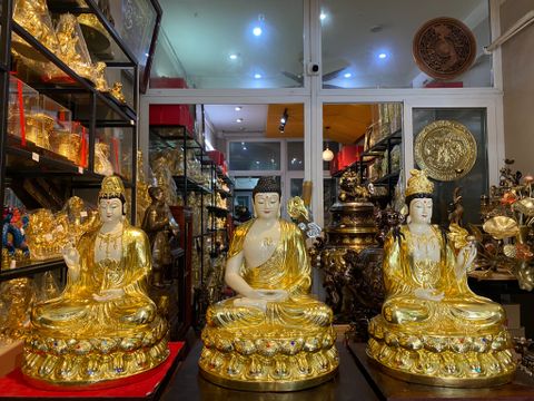 Tượng tây phương tam thánh dát vàng vẽ màu đính đá cao cấp