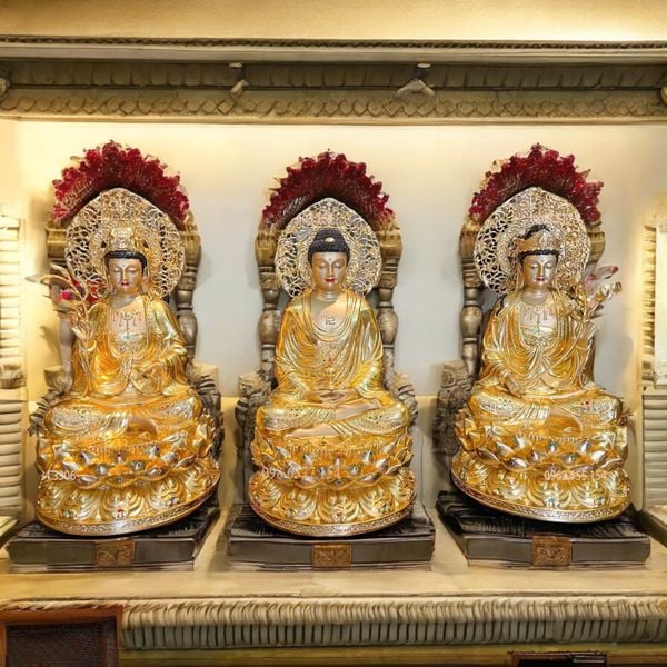 Tượng tây Phương Tam Thánh đính đá dát vàng 24k cao 45cm