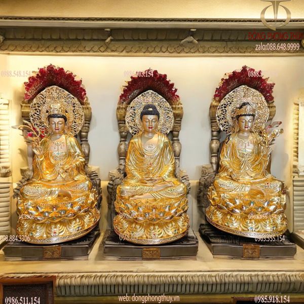 Tượng tây Phương Tam Thánh đính đá dát vàng 24k cao 45cm