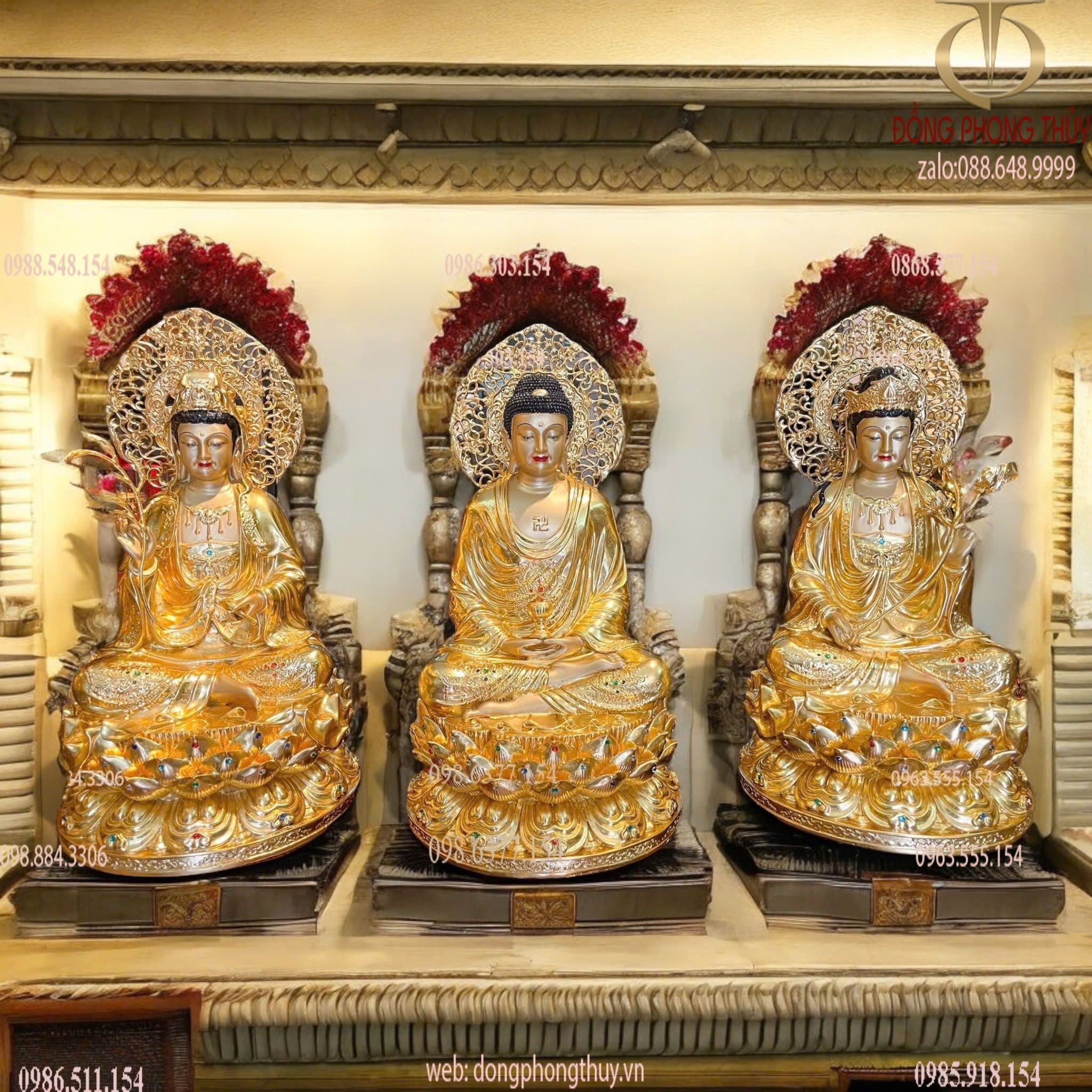 Tây Phương Tam Thánh đính đá dát vàng 24k