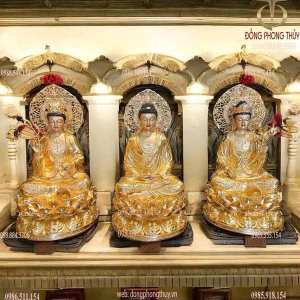 Tượng tây Phương Tam Thánh đính đá dát vàng 24k cao 45cm