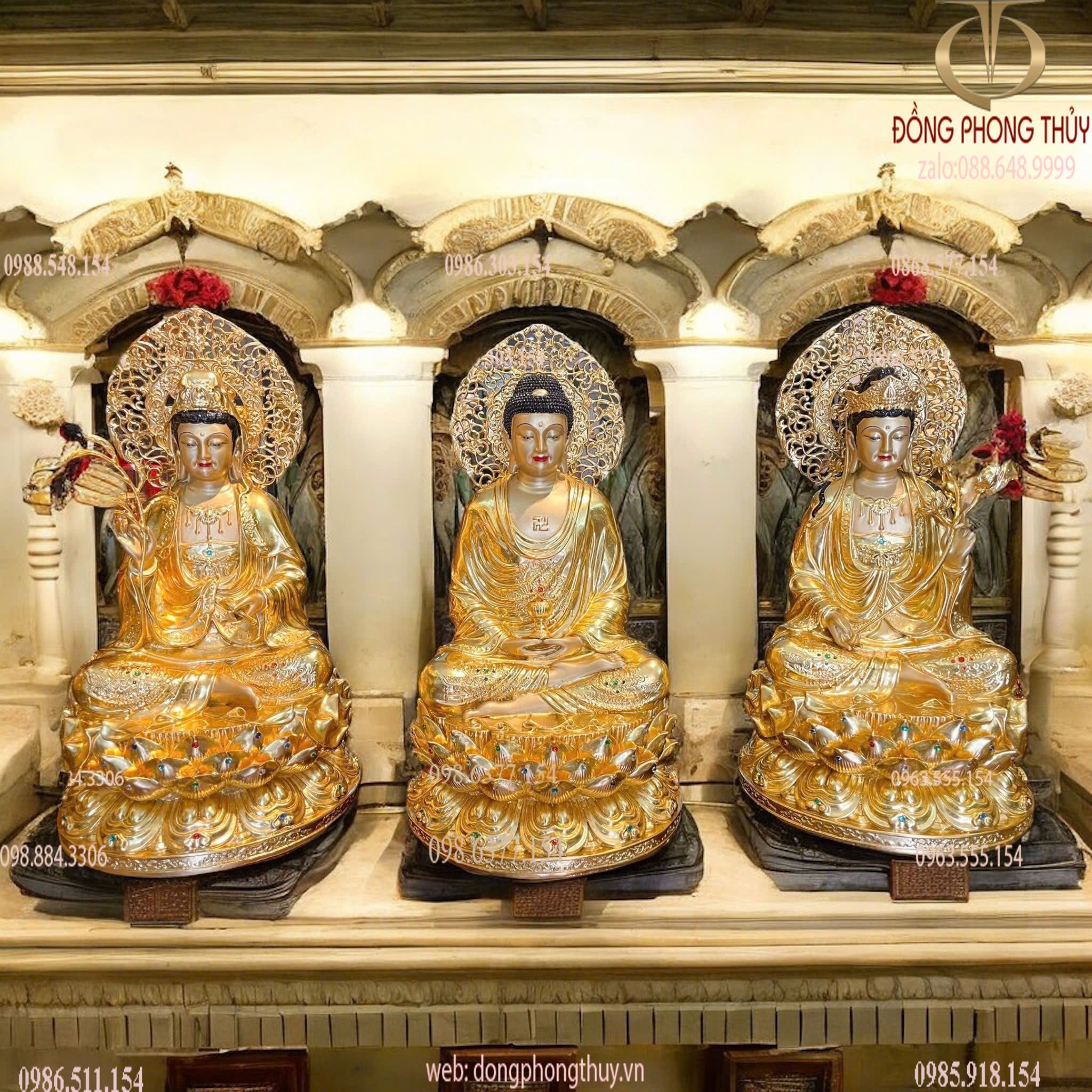 Tây Phương Tam Thánh đính đá dát vàng 24k