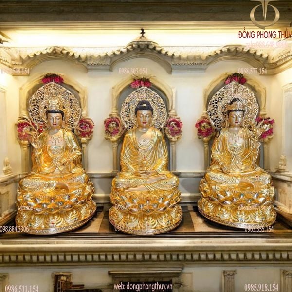 Tượng tây Phương Tam Thánh đính đá dát vàng 24k cao 45cm