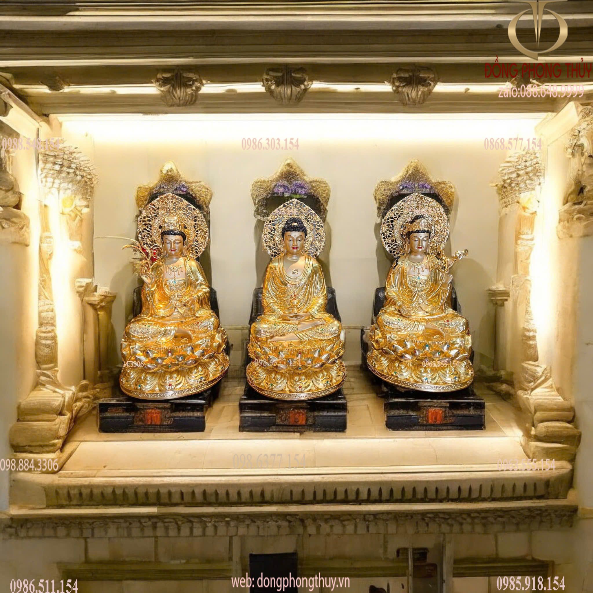 Tây Phương Tam Thánh đính đá dát vàng 24k