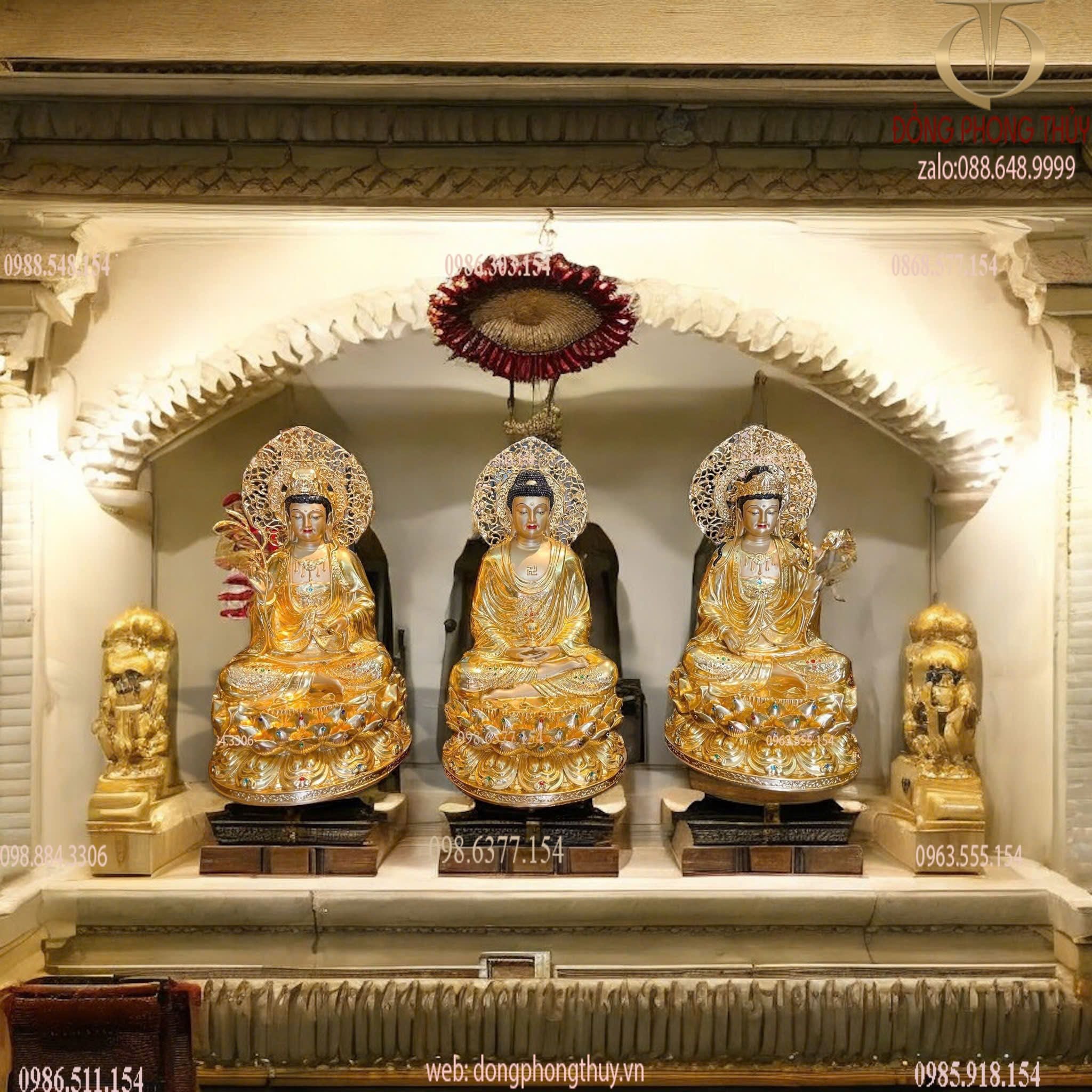 Tây Phương Tam Thánh đính đá dát vàng 24k