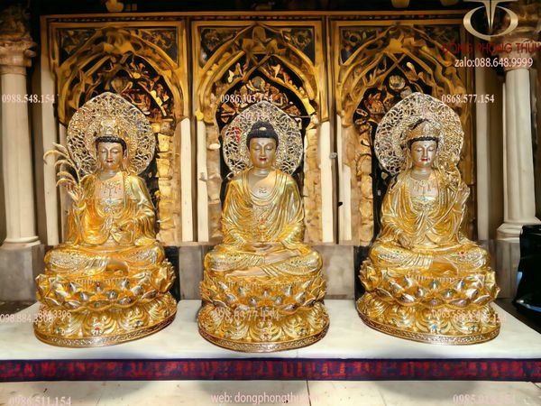 Tượng tây Phương Tam Thánh 45cm bằng đồng dát vàng 24k