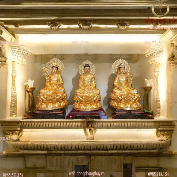 Tượng tây Phương Tam Thánh 45cm bằng đồng dát vàng 24k