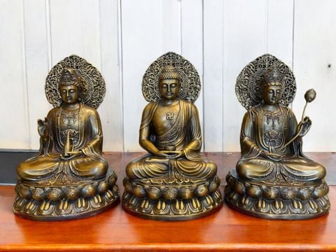 Tượng Tây Phương Tam Thánh lá đề bằng đồng cao 28cm nặng 9.7kg
