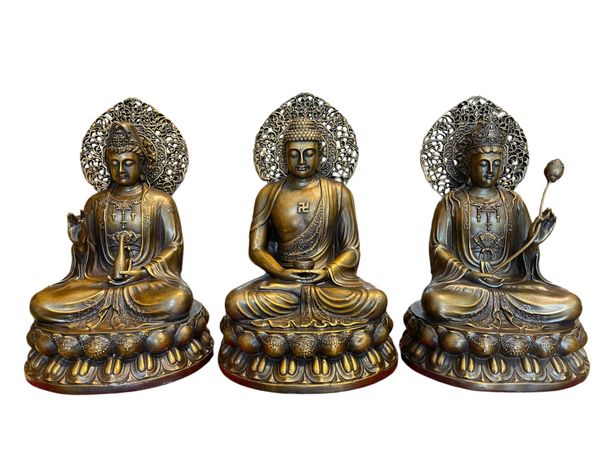 Tượng Tây Phương Tam Thánh lá đề bằng đồng cao 28cm nặng 9.7kg