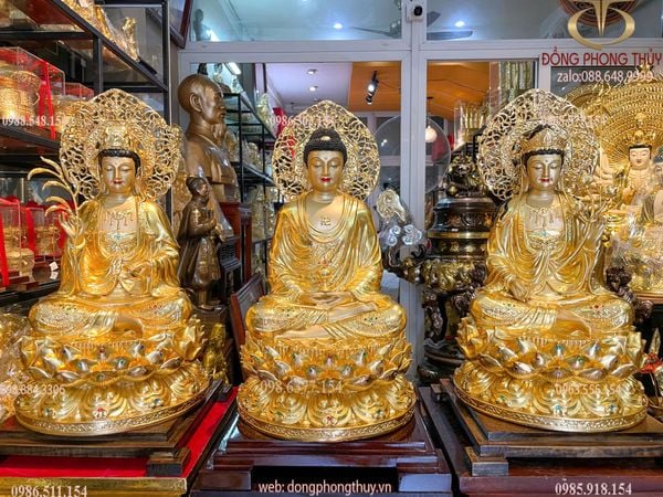 Tượng tây Phương Tam Thánh lá đề bằng đồng dát vàng 24K vẽ màu