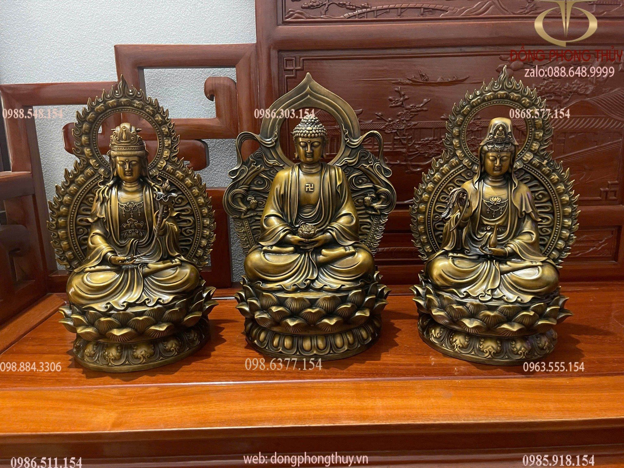 Tây phương tam thánh bằng đồng hun cao 43cm nặng 38kg