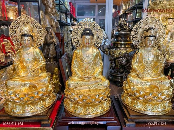 Tượng tây Phương Tam Thánh lá đề bằng đồng dát vàng 24K vẽ màu