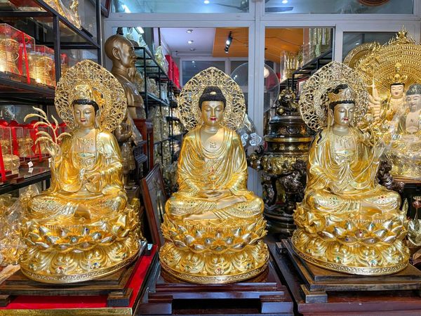 Tượng tây Phương Tam Thánh lá đề bằng đồng dát vàng 24K vẽ màu