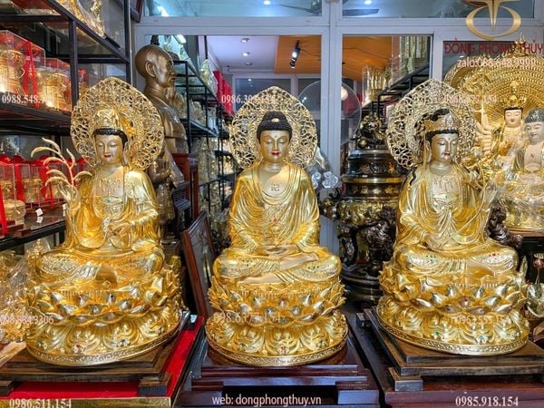 Tượng tây Phương Tam Thánh lá đề bằng đồng dát vàng 24K vẽ màu