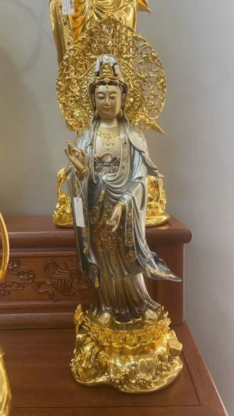 Tượng tây Phương tam thánh đứng dát vàng 24k vẽ gấm tới lá đề 54cm