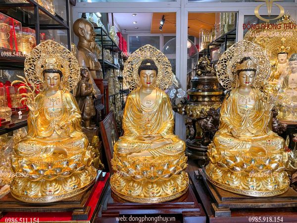 Tượng tây Phương Tam Thánh lá đề bằng đồng dát vàng 24K vẽ màu