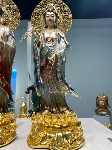 Tượng tây Phương tam thánh đứng dát vàng 24k vẽ gấm tới lá đề 54cm