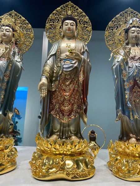 Tượng tây Phương tam thánh đứng dát vàng 24k vẽ gấm tới lá đề 54cm